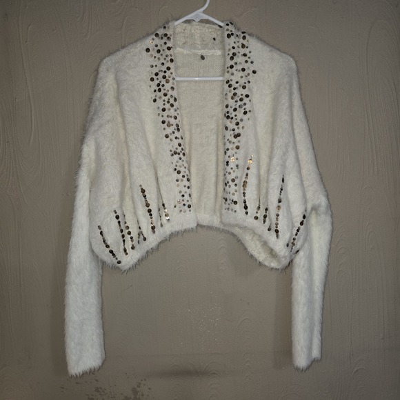 Anthropologie Sweaters - NWT Anthropologie Ivory Fuzzy Sequin Open Cardigan Cropped Eyelash Knit Med
